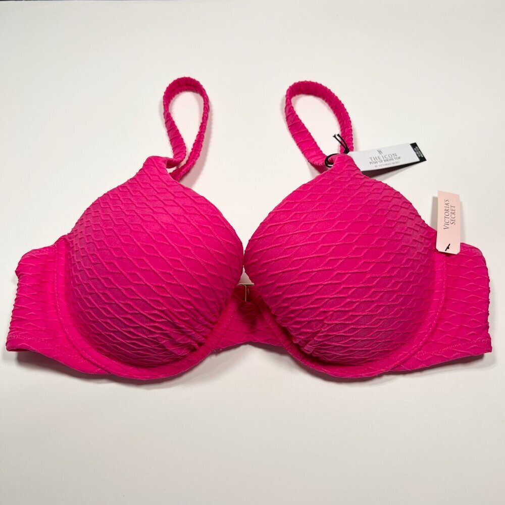 Victoria Secret 38DD ICON Push Up Bikini Top Underwire Textured Pink